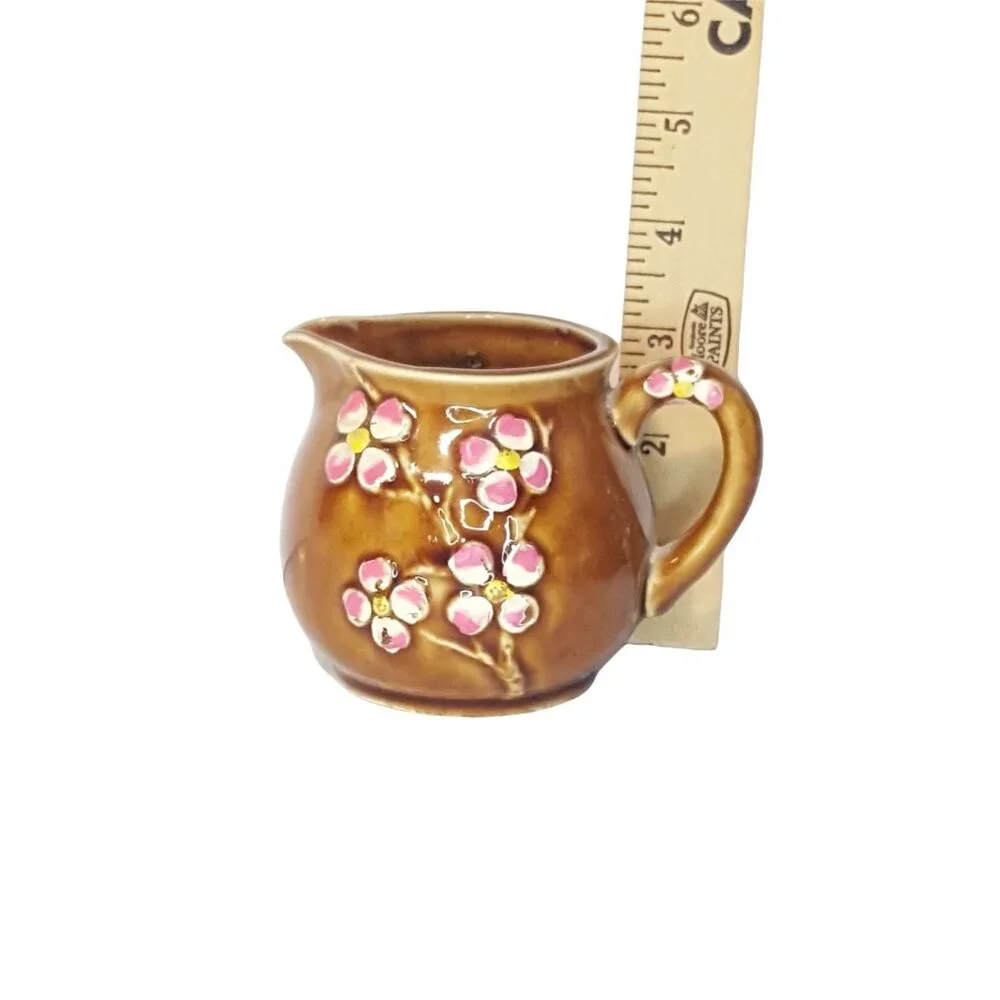 Vintage Japanese Creamer Brown Pink Cherry Blossums Made‎ in Japan Mid Century